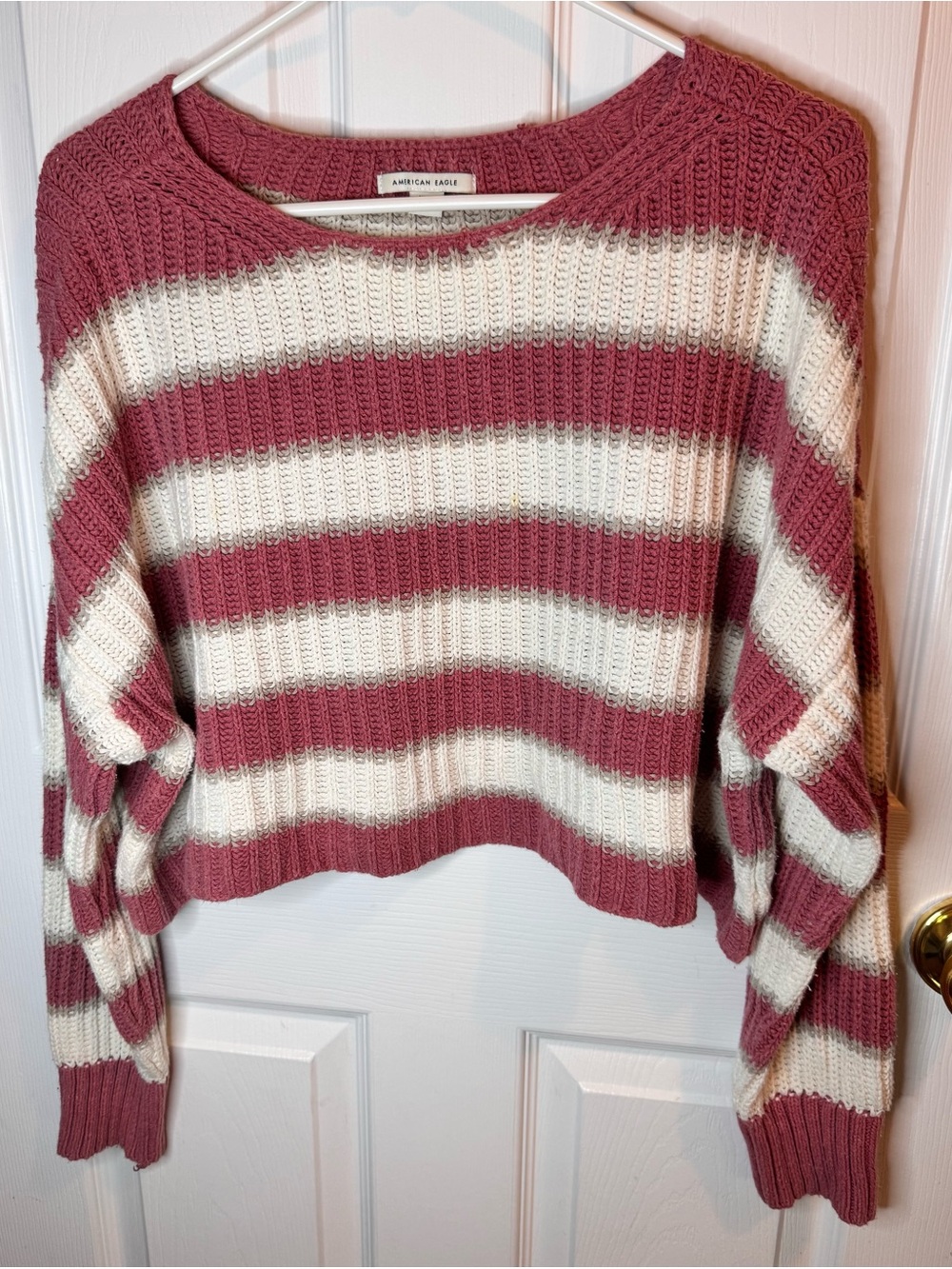 American Eagle Outfitters Rose Pink and Cream Striped Cropped Crewneck Sweater